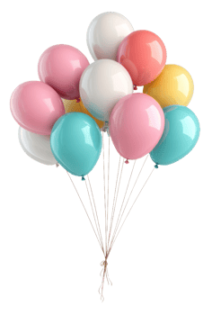 Colorful balloons tied together for a celebration, cut out - stock . png