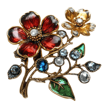 Vintage floral brooch with colorful gemstones, cut out - stock . png
