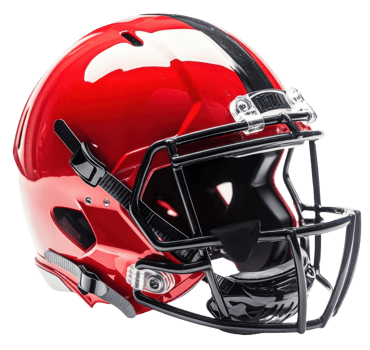 Red football helmet with black stripes displayed, cut out - stock . png