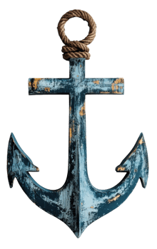 Rustic blue wooden anchor with rope detail, cut out - stock . png