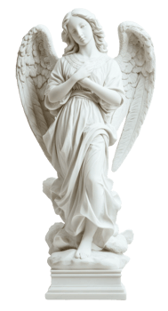 Elegant angel statue with flowing robes and wings, cut out - stock . png