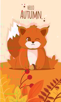 Cute squirrel with autumn leaves and text Hello Autumn, vector