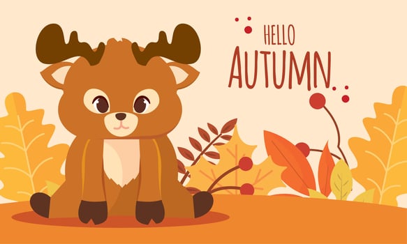 Cute deer with autumn leaves and text Hello Autumn, vector