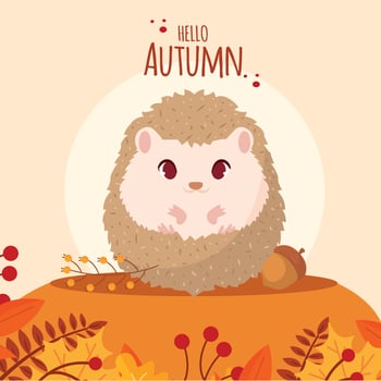 Cute porcupine with autumn leaves and text Hello Autumn, vector