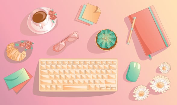 Comfortable and cozy workplace of designer, manager, or IT consultant for remote work. Suitable for presentation, advirtisment, background, game. Contains a cup of coffee, cactus, mouse, diary, notes. vector