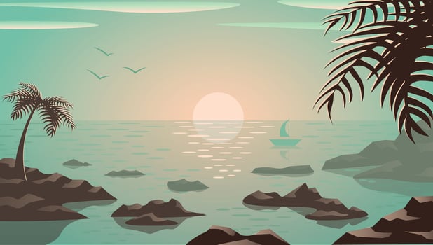Turquoise sunset on the sea side. Rock, palm trees, sun, birds. Good background for website, presentation, blog in social media about travelling. vector