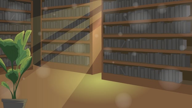 Big library with a plenty of books, magic beam light and a bit dusty. Good for presentation, advertisment or web site about books or writers. vector
