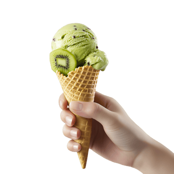Realistic Hand Holding Kiwi Ice Cream Cone with Kiwi Fruit Pieces on Transparent Background png