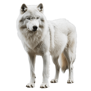 White wolf standing majestically on a clean background during daylight png