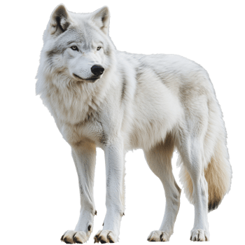 A majestic white wolf standing on green grass in a serene natural environment during daylight png