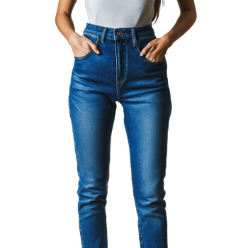 Woman wearing high-waisted blue denim jeans and a light top, posing in a studio setting against a white background png
