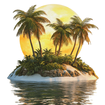 Tropical island with palm trees at sunset png