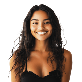 Smiling woman with long, wavy hair poses against a white background in casual attire, showcasing a cheerful expression png