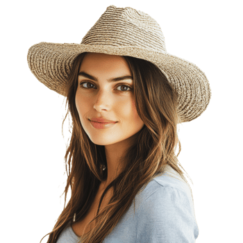 Young woman wearing a straw hat and casual top poses for a portrait on a plain background png
