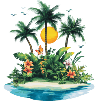 Sunset on tropical island with palms png
