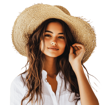 Young woman wearing a straw hat and white shirt, posing with a playful expression against a light background png