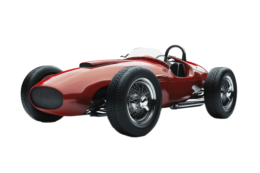 Vintage racing car in a glossy red finish with chrome accents and distinctive wheels png