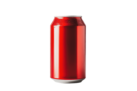 Bright red soda can on a white background, showcasing condensation droplets in a studio setting png