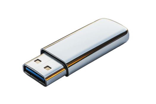 A sleek silver USB flash drive resting on a white surface png