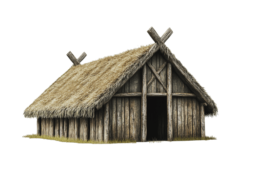 Traditional thatched-roof dwelling in a historical rural setting during daylight png