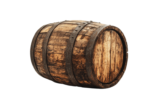 Wooden barrel in rustic style with weathered texture and curved structure png