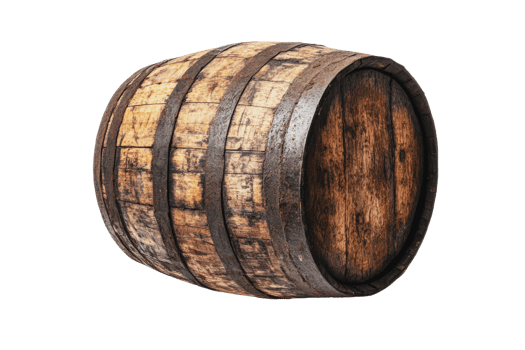 Wooden barrel crafted from aged timber, showcasing a rustic finish, positioned on a white background png