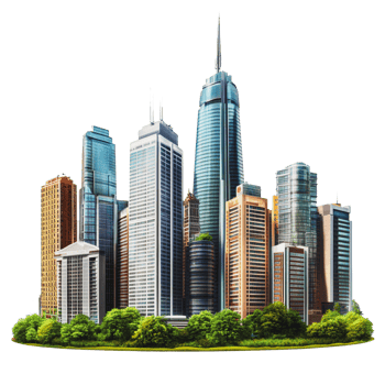 Modern skyscrapers surrounded by greenery in an urban environment during daylight png