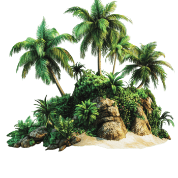 A tropical oasis with lush palm trees and green foliage on rocky terrain under bright sunlight png