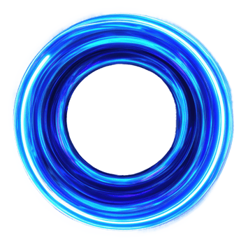 Bright blue circular abstract design with swirling patterns illuminated from within, cut out - stock . png