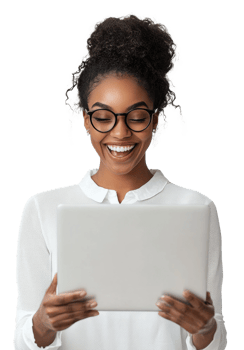 Young woman smiling while using a laptop in a bright, minimalistic setting, cut out - stock . png