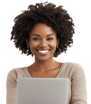Young woman smiles while working on a laptop at home during the afternoon, cut out - stock . png