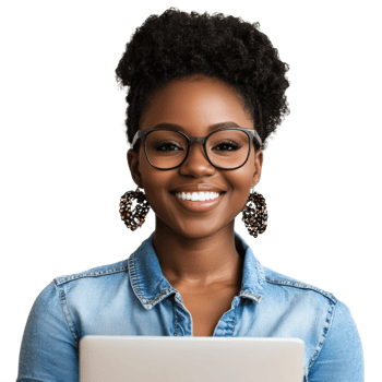 Young woman smiling while using a laptop, sitting indoors, wearing glasses and large earrings, cut out - stock . png