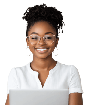 Young woman with glasses smiles while working on a laptop against a plain background, cut out - stock . png