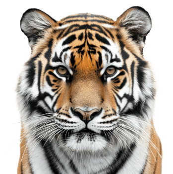 Realistic portrait of a tiger looking directly at the viewer with striking facial features and vivid coloration on a white background, cut out - stock . png