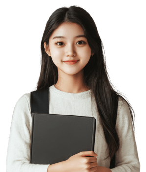 Young woman holding a tablet while smiling, wearing a light sweater and a backpack in a neutral setting, cut out - stock . png