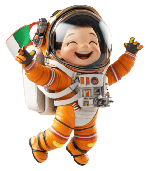A joyful child astronaut wearing an orange spacesuit celebrates while holding an Italian flag, cut out - stock . png