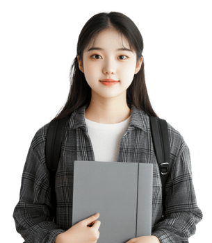 Young student wearing a checkered shirt holding a gray folder in a bright, minimalist setting, cut out - stock . png
