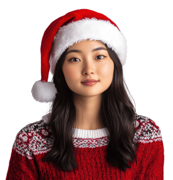 Young woman in a festive red sweater and Santa hat smiling cheerfully indoors during the holiday season, cut out - stock . png