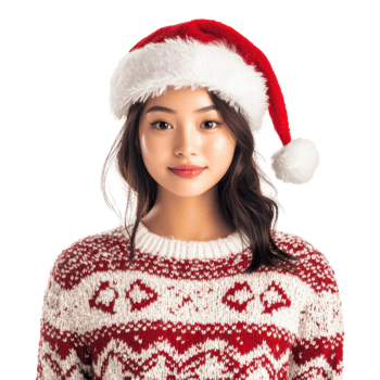 Young woman wearing a Santa hat and holiday sweater, posing cheerfully for a festive portrait during the Christmas season, cut out - stock . png