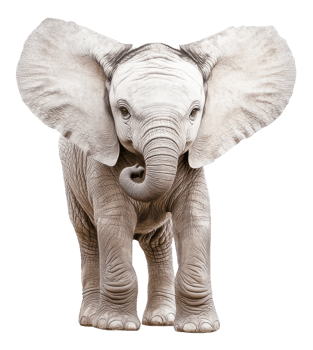 A young elephant stands in a playful pose against a plain background, cut out - stock . png