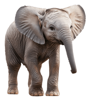 A young elephant stands happily in front of a plain background, showcasing its large ears and trunk, cut out - stock . png