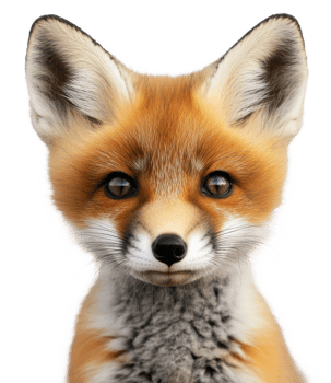 A close-up of a curious red fox with bright eyes and detailed fur against a white background, cut out - stock . png