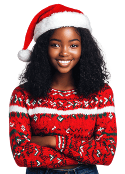 Young woman wearing a festive sweater and Santa hat poses cheerfully, celebrating the holiday spirit indoors, cut out - stock . png
