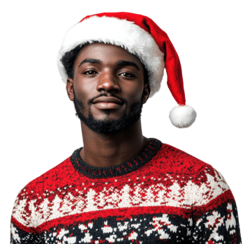 Young man wearing a Santa hat and festive sweater for holiday celebration, cut out - stock . png