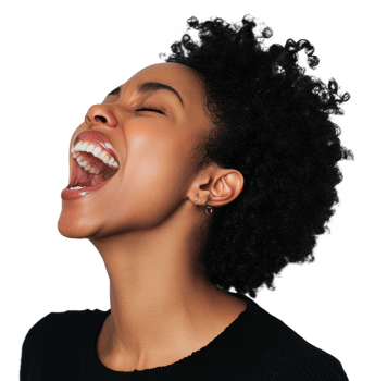 Woman with curly hair expressing joy at home during a sunny afternoon, cut out - stock . png