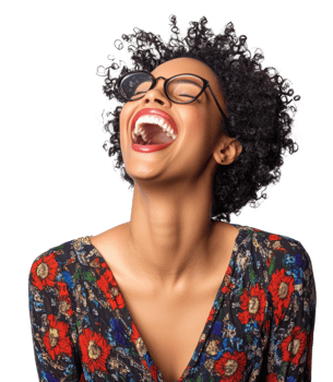 Woman with curly hair laughing joyfully while wearing glasses, set against a plain background, cut out - stock . png