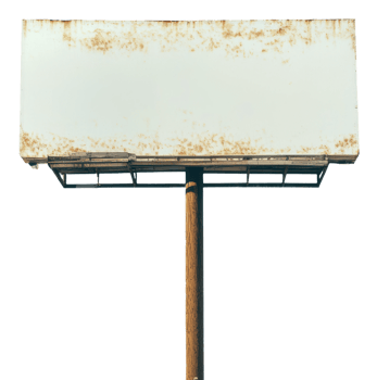 Rusty blank billboard on wooden pole against white background, cut out - stock . png