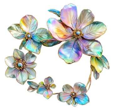 Colorful flower brooch made of iridescent materials displayed on a white background, cut out - stock . png