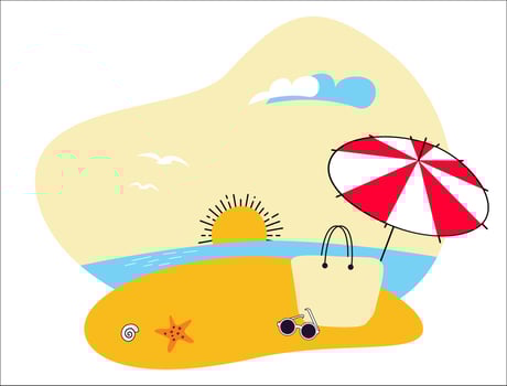 simple illustration of sandy beach on sea, sunrise with umbrella and flip flops, summer background for a poster, banner, postcard on the theme of holiday, trip, vacation vector