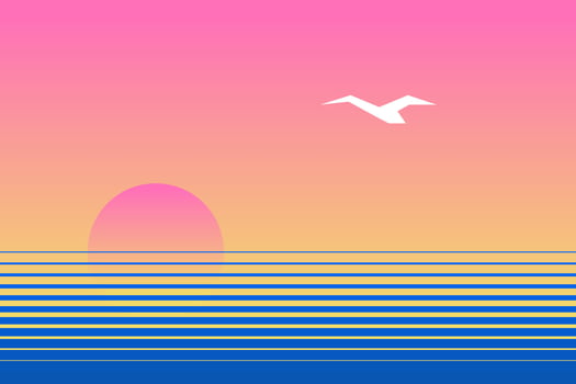 Minimalist Illustration of a Sunset Over the Ocean With a Seagull Flying. seascape in retro style for poster, banner, card, cover design. pink, yellow, blue colors vector